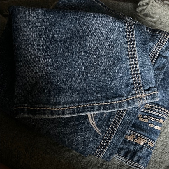 Rock & Roll Cowgirl Dark Blue Bootcut Jeans with Gold Sequin Trim - Picture 15 of 15